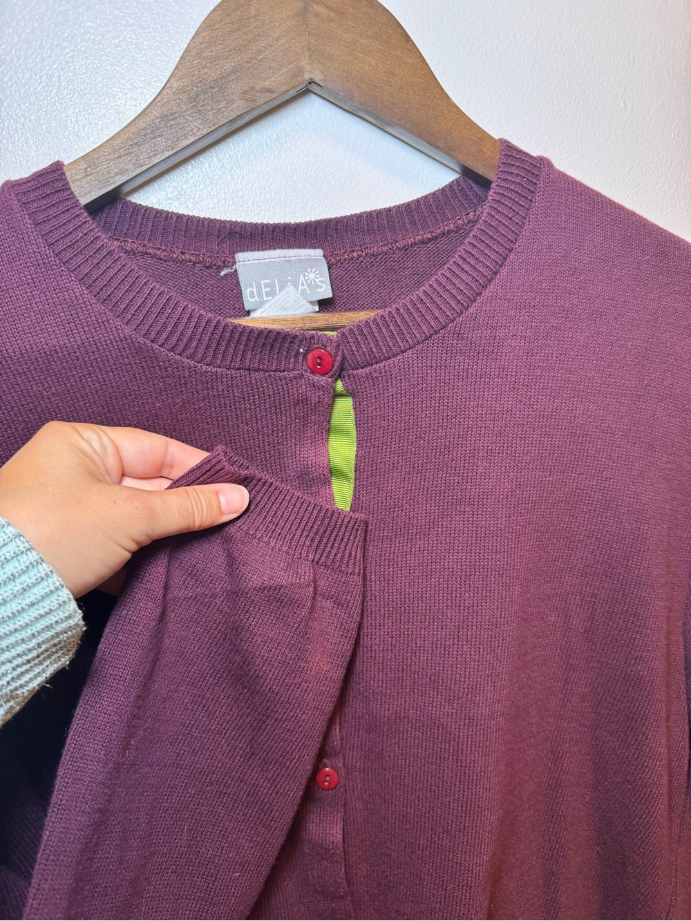 dELiA*s Plum Crewneck Cardigan with Red Buttons - Picture 4 of 11